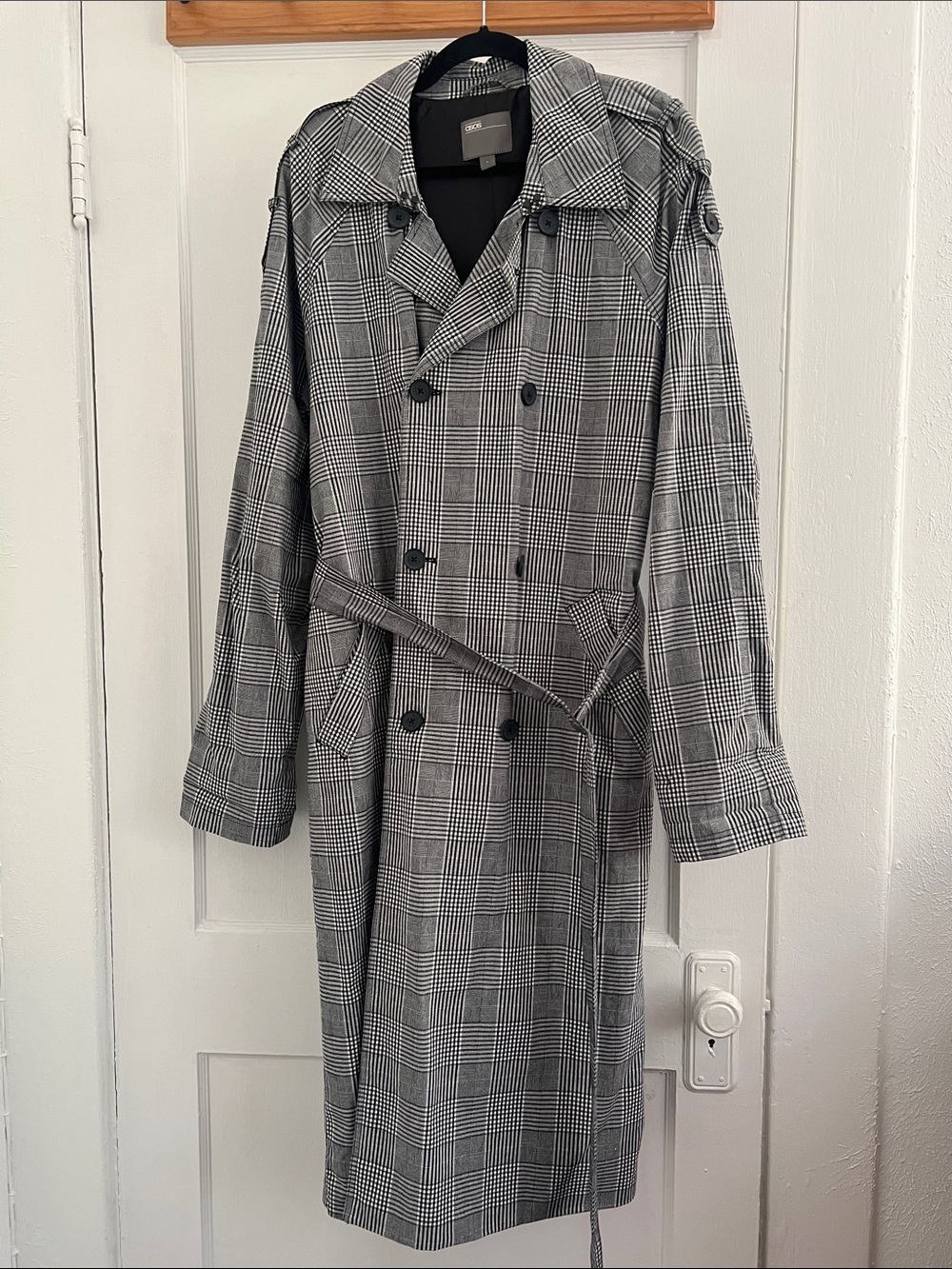 ASOS Black and Gray Glen Plaid Double-Breasted Trench Coat with Belt